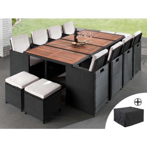 Cuba - garten essgruppe für 12 personen - aus geflochtenem polyrattan - schwarz mit beigen kissen + schutzhülle - beige / schwarz