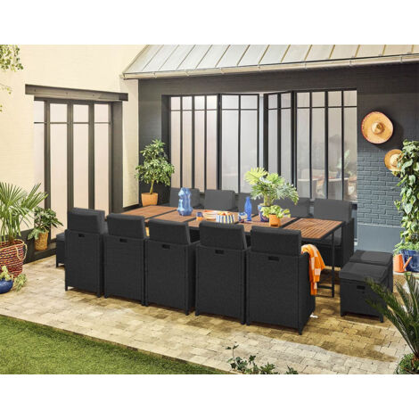 Cuba - gartenmöbel - ineinanderschiebbar aus geflochtenem harz schwarz - 14 sitze - graue kissen - beige