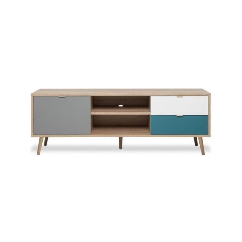 CUBA Meuble TV scandinave decor chene, gris, blanc et bleu petrole - L 150 cm