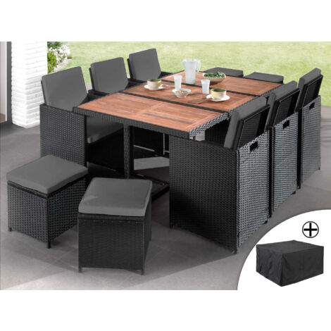 Cuba – rattan sitzgruppe mit 10 sitzplätzen – schwarz mit grauen kissen und schutzhülle - schwarz / grau