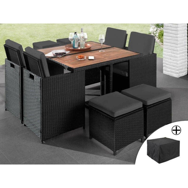 Bestmobilier - Cuba - salon de jardin encastrable 8 places - en résine tressée - noir avec coussins gris + housse de protection - noir / gris