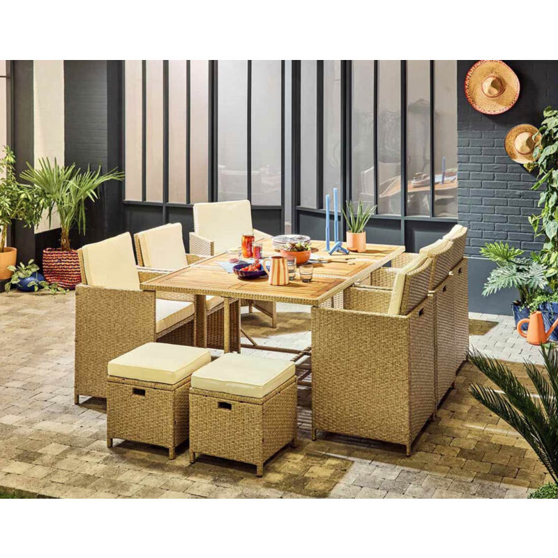 Bestmobilier - Cuba – salon de jardin encastrable en résine tressé beige - 10 places - coussins beige + housse de protection