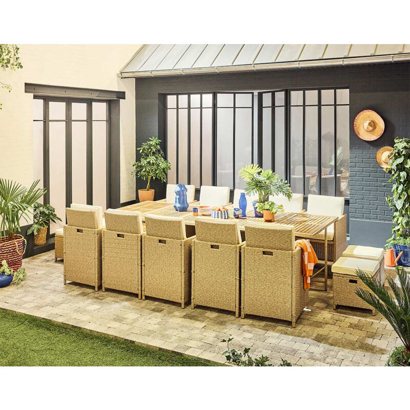 Bestmobilier - Cuba – salon de jardin encastrable en résine tressé beige - 14 places - coussins beige + housse de protection