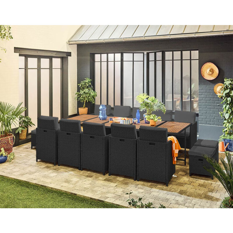 Cuba – salon de jardin encastrable en résine tressé noir - 14 places - coussins gris + housse de protection - beige