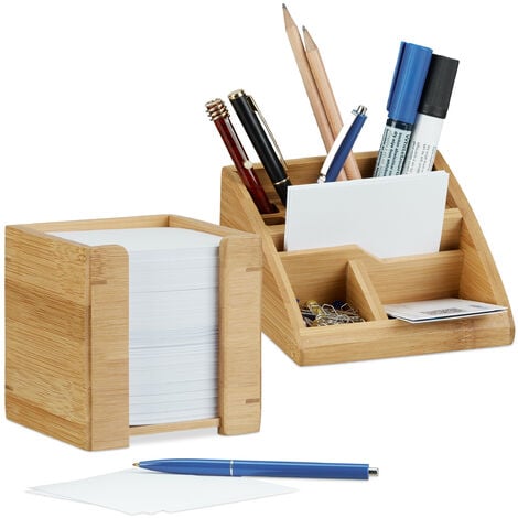 Cube mémo bambou, lot de 2, bloc-note 900 feuilles papier support pense-bête HxlxP:  10,5 x 10,5 x 10,5 cm, nature