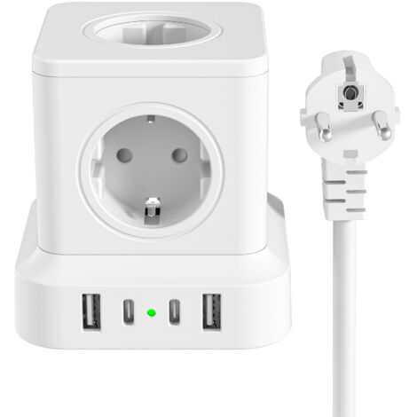 Cube Multiprise Sans Câble - 3 Prises 250 V 16 A - 2 USB-A + 1 USB-C - Puissance Max 3680 W - Design Compact 7,5 x 7,5 x 7 cm - Blanc