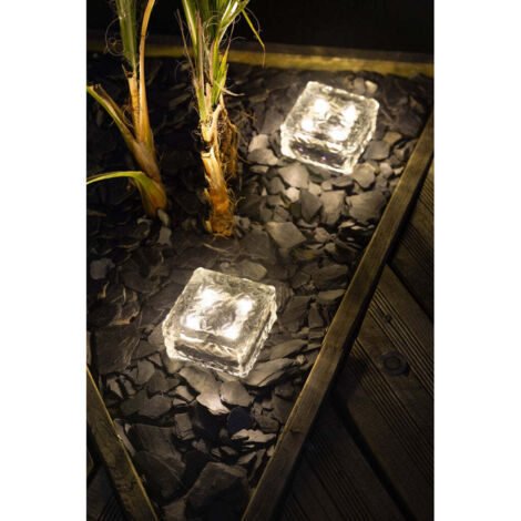 Cube solaire 10cm effet glace en verre trempé, une lueur givrée, résistante, idéal pour allées