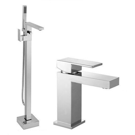 Cube Square Freestanding Shower Mixer Tap With Handset Kit  & Basin Sink Mixer Tap