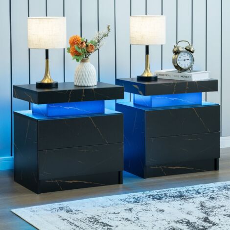 Cubehom Lot de 2 table de Chevet avec 2 tiroirs et 16 Couleurs LED, 2 tiroirs Table de Chevet pour Salon, Chambre à Coucher,Noir or