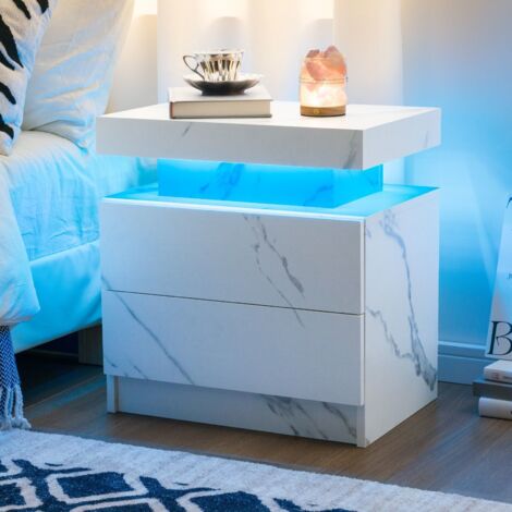Cubehom Table de Chevet avec 2 tiroirs et 16 Couleurs LED, 2 tiroirs Table de Chevet pour Salon, Chambre à Coucher,Blanc gris