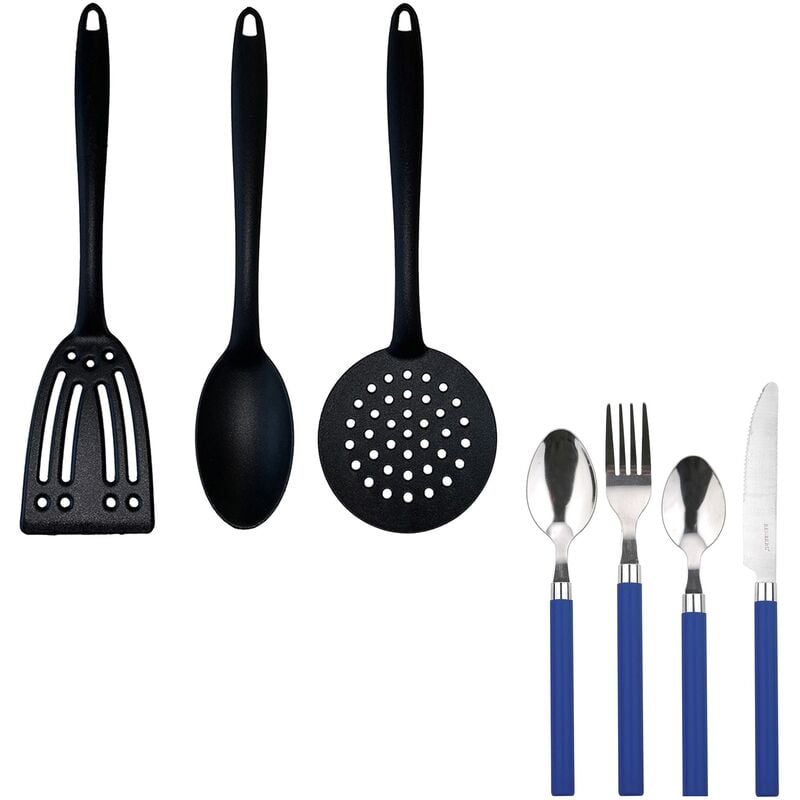 

Cuberteria 24 piezas de acero inoxidable Happie Blue con set de 3 utensilios de cocina en nylon - Renberg