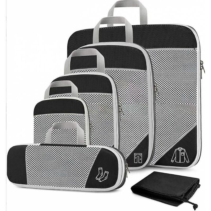 Cubes d'emballage compressés pour voyage, 6 pièces de sac de rangement de bagages extensible Cubes compressés pour l'emballage Dessus en maille et