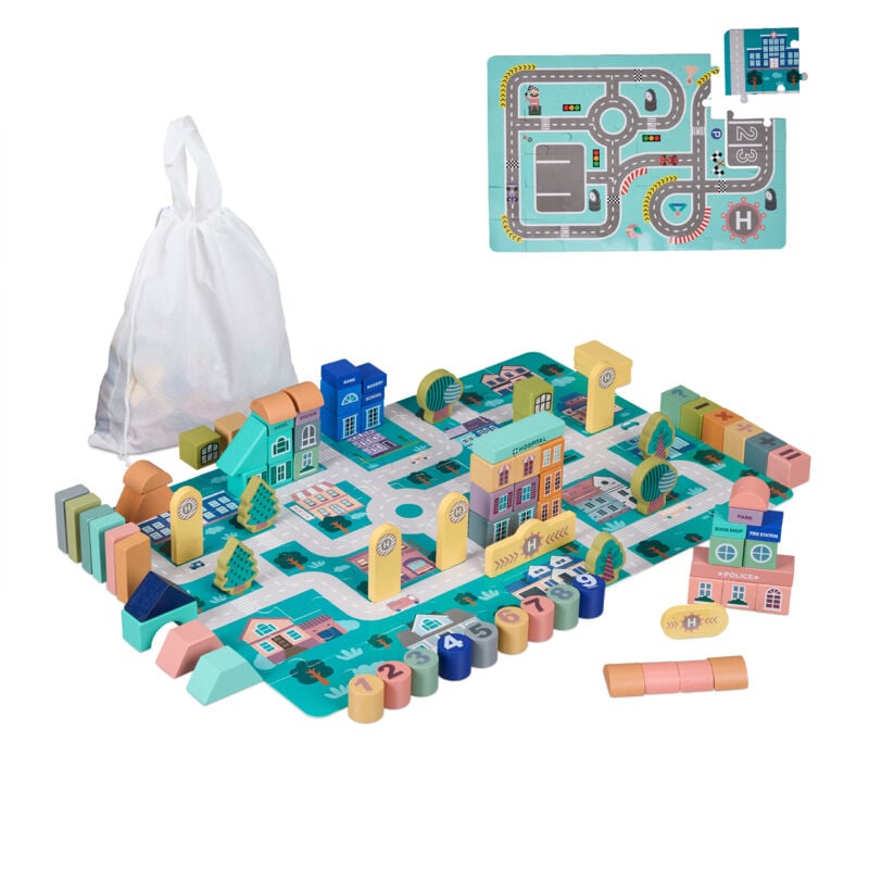 Relaxdays cubes en bois ville, 113 cubes, tapis puzzle, avec bâtiments, circuit, chiffres, à partir de 3 ans, coloré