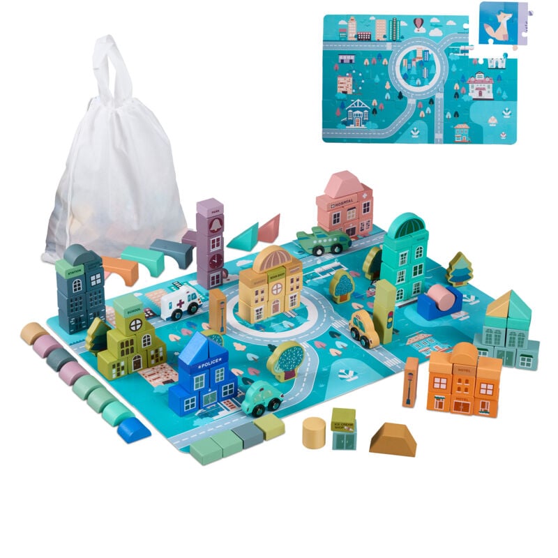Relaxdays - cubes en bois pour ville, 133 blocs, tapis puzzle, bâtiments, lettres, chiffres, à partir de 3 ans, colorés