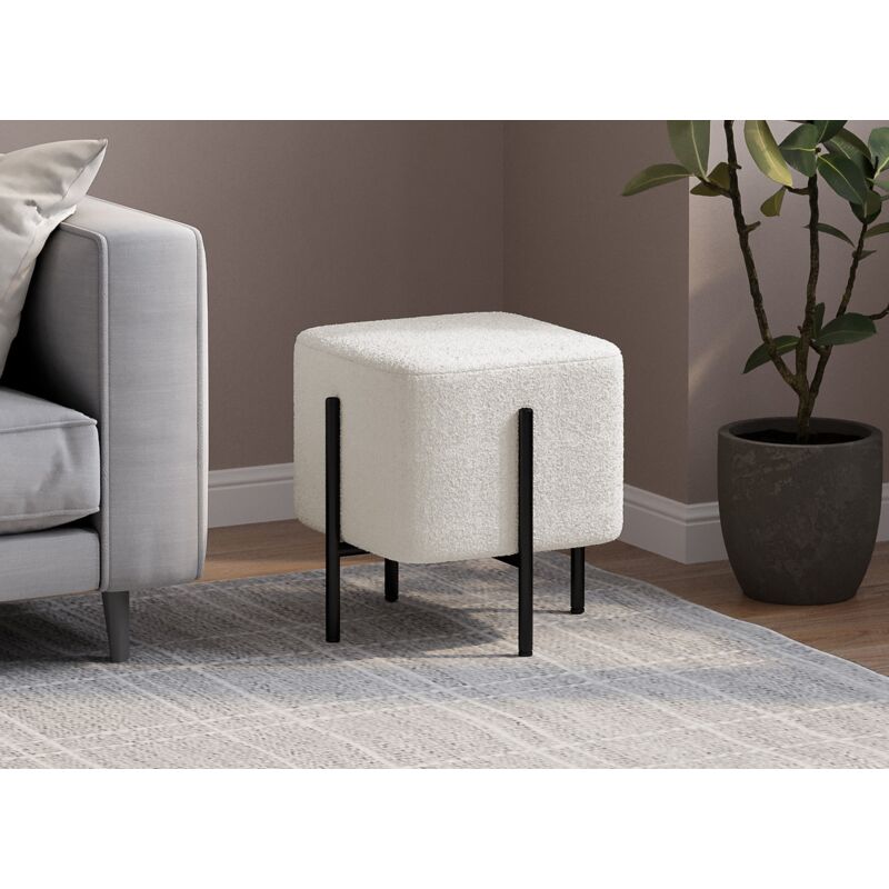 Cubic - Pouf carré en tissu bouclette blanc écru et pieds en métal noir cubic