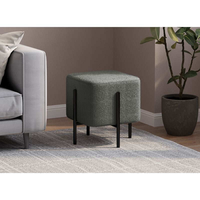 Cubic - Pouf carré en tissu bouclette gris et pieds en métal noir cubic