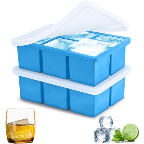 Cubitera de silicona de 5 cm de diámetro, con capacidad para 6 cubitos, ideal para whisky y otras bebidas. Tapa incluida (juego de 2, azul).