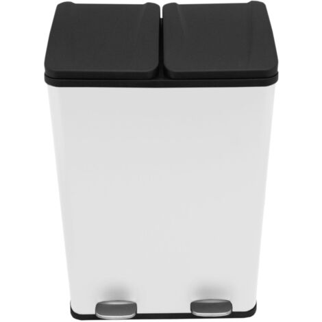 Cubo Basura Blanco Doble de Acero Inoxidable con Pedal 60L para Reciclaje y Residuos Generales Dos Compartimentos Extraíbles con Mangos Integrados Base de Goma Antideslizante Paño Microfibra GRATIS