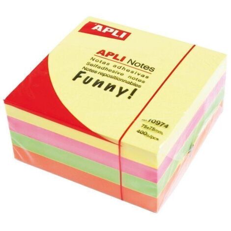 Cubo de 400 hojas de notas adhesivas de 75 x 75 mm en 4 colores surtidos flúor. 100 hojas por color: amarillo flúor, rosa flúor, verde flúor y naranja