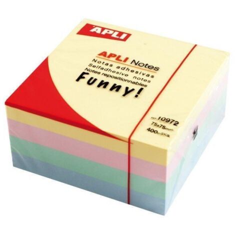 Cubo de 400 hojas de notas adhesivas de 75 x 75 mm en 4 colores surtidos pastel. 100 hojas por color: amarillo pastel, rosa pastel, verde pastel y azu