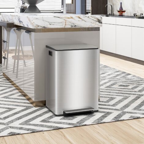 Cubo de Basura de Cocina con 2 Compartimentos 2x30L con Pedal Tapa de Cierre Suave y Cubo Extraíble Plata
