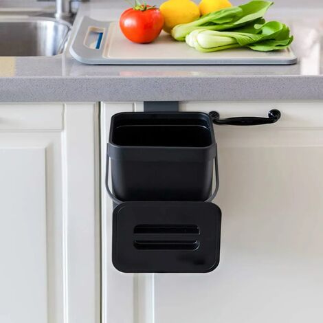 Cubo de basura de cocina con asa, cubo de basura colgante de 5 l para puerta de armario de cocina, cubo de basura de cocina con tapa para ocultar olores (negro)