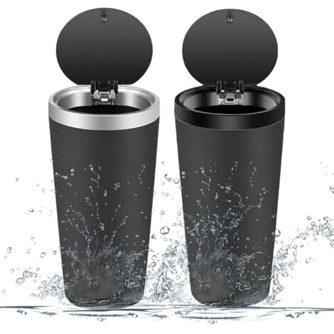Cubo de basura para coche con tapa (2 unidades), minicubo con portavasos, contenedor de basura portátil para coche, hogar, cocina, oficina y dormitorio, color negro