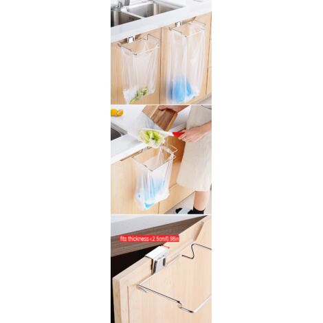 Cubo de basura para cocina, soporte para bolsas de basura para puerta de armario, estante de acero inoxidable, estante de almacenamiento para cubo de basura de armario, plateado