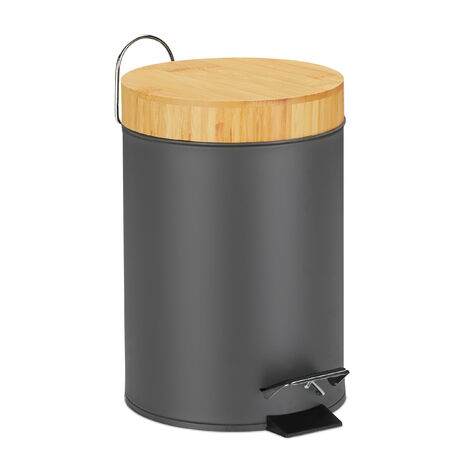 Cubo de basura para el baño Relaxdays, 3 l, cierre automático, tapa de bambú, cubo interior extraíble, pedal, gris