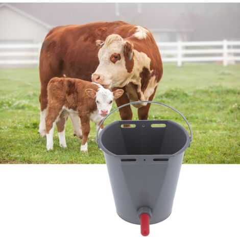 Cubo de leche de 8 litros fabricado en plástico apto para uso alimentario, con tetina y válvula antirretorno, de color gris, para terneros y vacas.