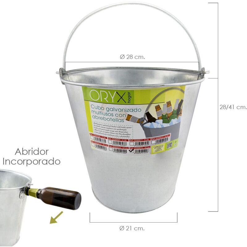 

Cubo zinc metal galvanizado multiusos 14 litros 28 x 21 x 28 (alt.) cm. con abre botellas