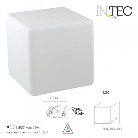 Cubo luminoso da giardino bianco con lato 30cm lampada E27 cavo 250cm IP65