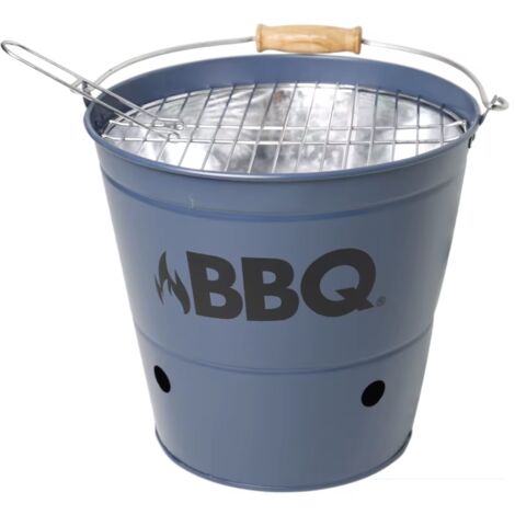 Cubo para barbacoa portátil de acero inoxidable de doble capa, 26 cm, con asa de madera y rejilla, color azul