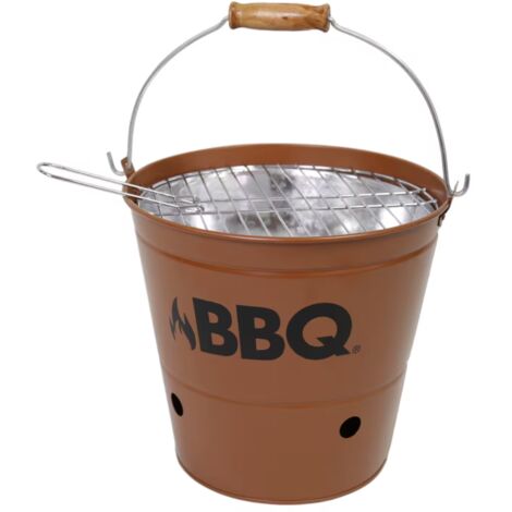 Cubo para barbacoa portátil de acero inoxidable de doble capa, 26 cm, con asa de madera y rejilla, color café