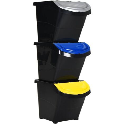 Cubos de basura apilables con tapa 3 uds PP negro 78 L
