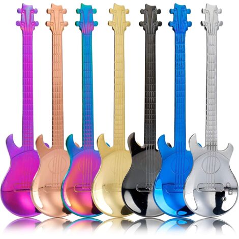 Cucchiaini da caffè a forma di chitarra, cucchiai in acciaio inox, 7 pezzi, cucchiaini da caffè multicolori, mini cucchiaini per mescolare tè, latte, dessert, bevande, gelato, frappè
