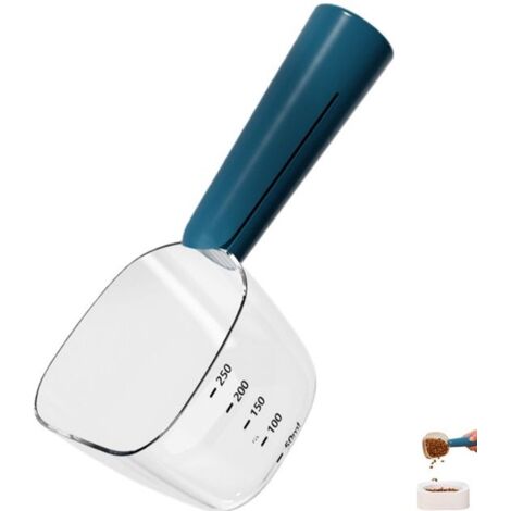 Cucchiaio dosatore per cibo per animali (1 pezzo) - Speciale cucchiaio dosatore in plastica per animali domestici - Cucchiaio dosatore con clip - Adatto per crocchette per cani e gatti - 250 ml - Blu 