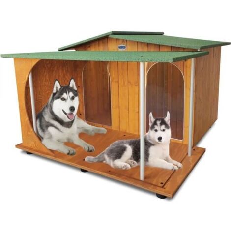 Cuccia in Legno per Cani da Esterno 2 TENDINE OMAGGIO Misura Alano mod. Oasi con Veranda  MADE IN ITALY C - Doppio Ingresso e Separé con 2 TENDINE OMAGGIO