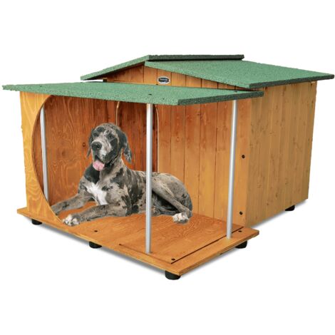 Cuccia in Legno per Cani da Esterno mod. Oasi con Veranda Coperta MADE IN ITALY E - Alano 121x133xH87 Tendina OMAGGIO