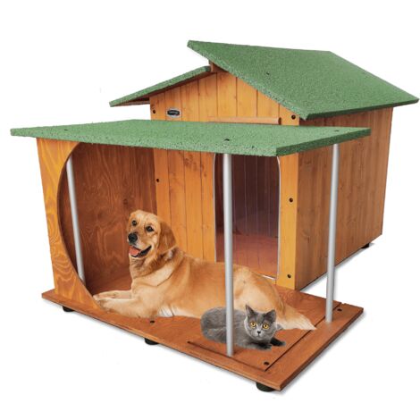 Cuccia in Legno per Cani da Esterno "Rinforzata" mod. Alpi con Veranda Tendina OMAGGIO MADE IN ITALY D - Pastore 102x146xH95 Tendina OMAGGIO