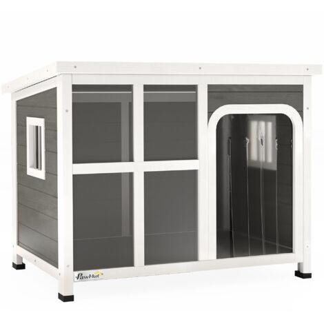 Cuccia per Cani di Taglia Piccola e Media 90x62x71 cm con Finestrelle e Ingresso a Tenda in Legno di Abete Grigio Chiaro