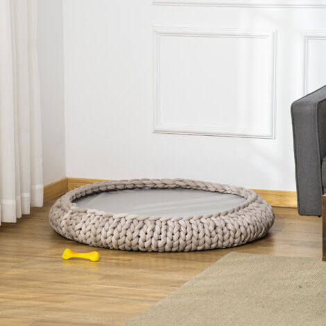 Cuccia per Cani e Gatti Rotonda con Bordi Rialzati e Cuscino, Lettino per Cani Imbottito Effetto Velluto, Φ93x15cm, Grigia