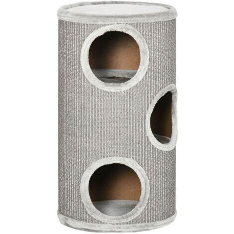 CUCCIA PER GATTI A 3 LIVELLI CON TIRAGRAFFI IN SISAL E PELUCHE. Ø38X70CM. GRIGIO CHIARO