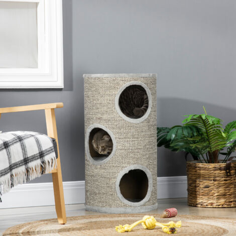 Cuccia per Gatti a 3 Livelli con Tiragraffi in Sisal e Rivestimento in Peluche, Casetta per Gatti da Interno Multilivello, Ø38x70 cm, Grigio Chiaro