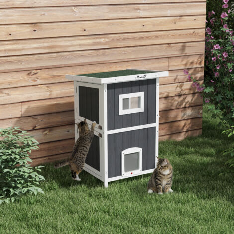 Cuccia per Gatti con Ingressi Divertenti in Legno Impermeabile a 2 Piani, Casetta per Animali da Esterno con Tetto Apribile, 60x60x90.5cm
