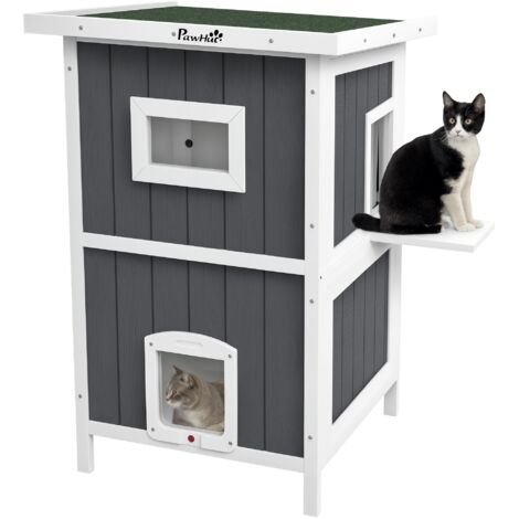 Cuccia per Gatti da Esterno  a 2 Livelli con Tetto in Asfalto e 4 Porte, 60x60x90.5cm, Grigio