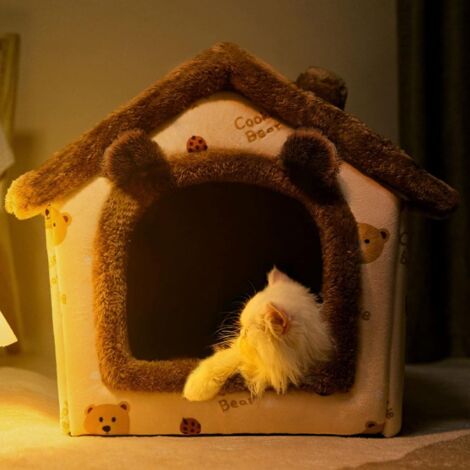 Cuccia per gatti e cani, caldo igloo di peluche, cuccia pieghevole e confortevole, fondo antiscivolo (S, orso bruno)