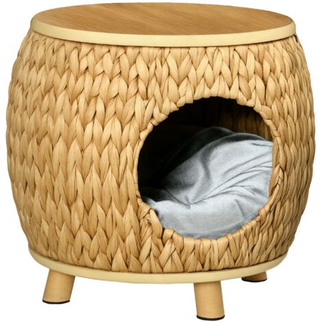 Cuccia per gatti in giacinto d'acqua, cuscino lavabile, 44 cm x 43 cm x 42 cm, marrone scuro + legno naturale + grigio