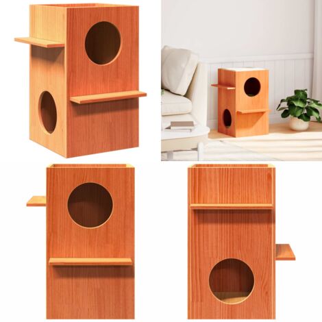 Cuccia per Gatti Marrone Cera 43x43x60cm Legno Massello di Pino - Cuccia per gatti marrone - Cuccia per gatti con gradini