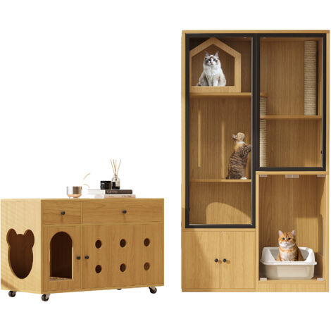Cuccia per gatto con Villa e Lettiera, Cuccia in Vetro, Completo e Funzionale, MDF, Naturale